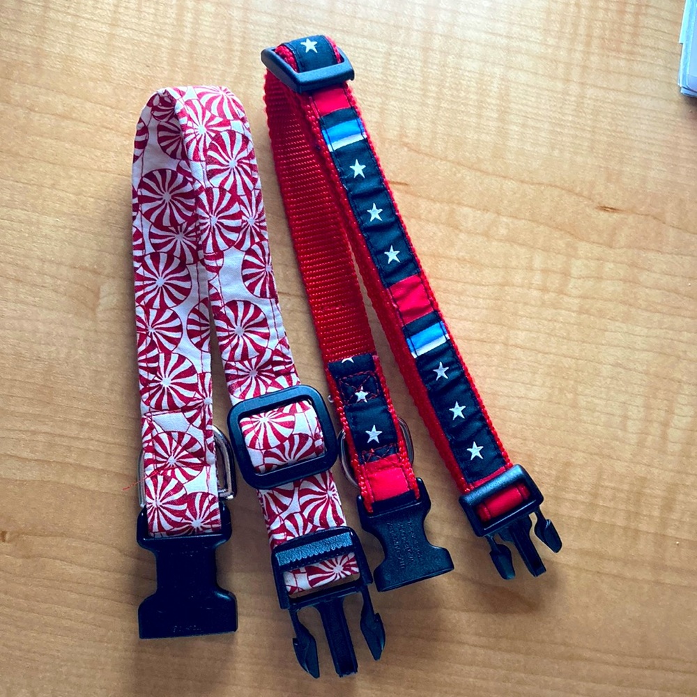 July 4th Holiday Dog collars Christmas peppermint swirls stars red blue SM-Med